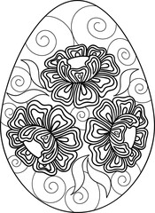 Hand drawn black and white eggs with flowers. Can be used for Easter handmade postcard with chicken eggs, or adult coloring book page.