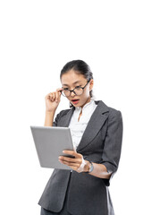 Beautiful business woman surprised looking the tablet while touching her glasses on isolated white background