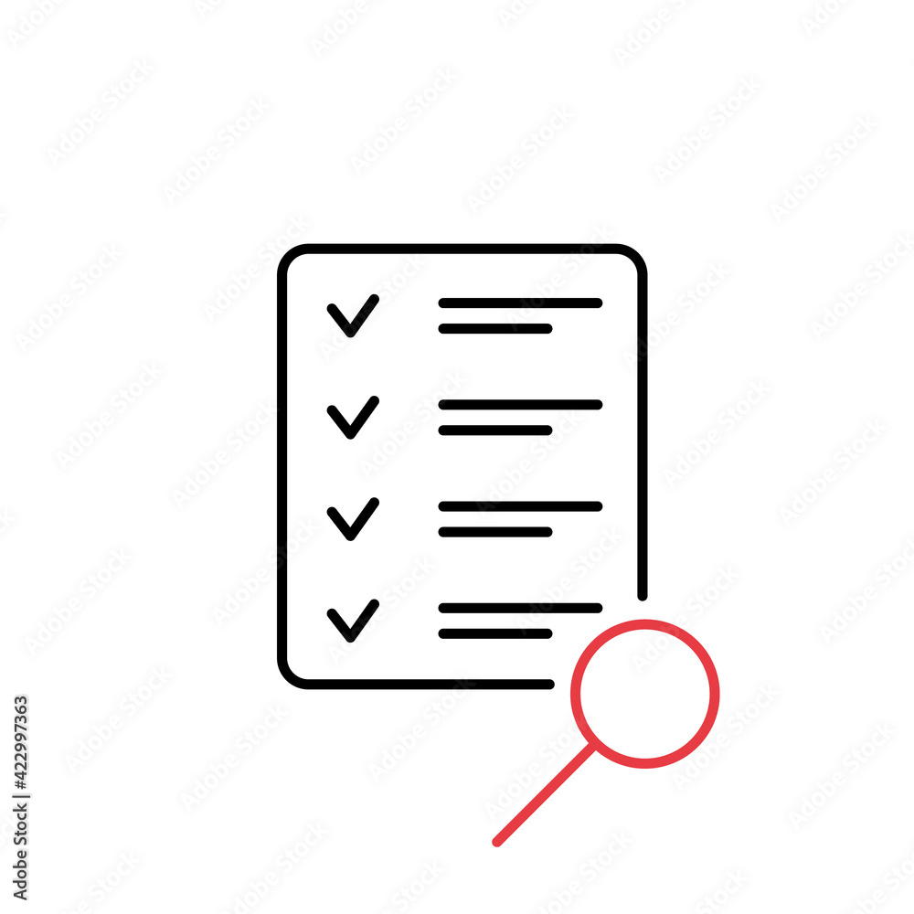 Wall mural audit line icon in black and red colored on white background. list and loupe element from audit conc