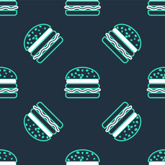 Line Burger icon isolated seamless pattern on black background. Hamburger icon. Cheeseburger sandwich sign. Vector