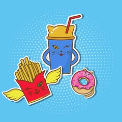 a glass of juice, fries, donut in the form of a cat