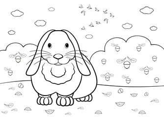 Rabbit is standing in a autumn lawn. Illustration for coloring book.