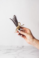 hand holding vanilla sticks
