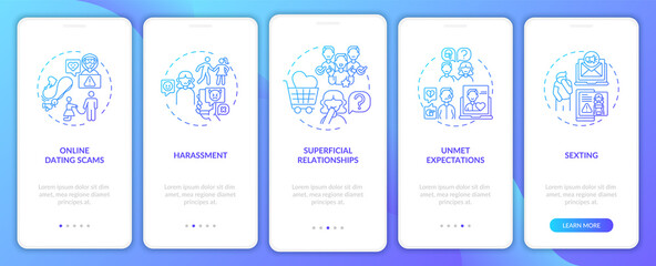 Supeficial relationship onboarding mobile app page screen with concepts. Unmet expectations walkthrough 5 steps graphic instructions. UI, UX, GUI vector template with linear color illustrations