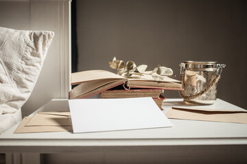 blank greeting card  invitation mockup with craft paper envelope  feminine still life composition