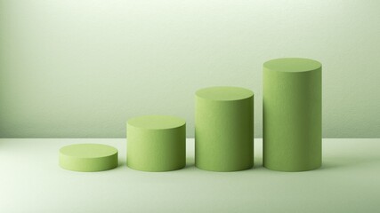 3d render, abstract minimal geometric background. Row of green cylinders, increasing graph. Isolated objects, primitive shapes. Profit chart. Business concept