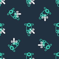 Line Scooter with screwdriver and wrench icon isolated seamless pattern on black background. Adjusting, service, setting, maintenance, repair, fixing. Vector