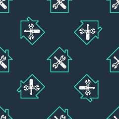 Line House or home with screwdriver and wrench icon isolated seamless pattern on black background. Adjusting, service, setting, maintenance, repair, fixing. Vector