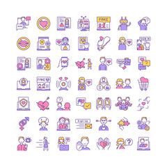 Online dating RGB color icons set. Broken heart, fraud. Building relationship in virtual reality. Sign up on dating site. Romantic messages. Find love in internet isolated vector illustrations