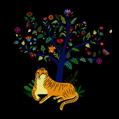 Drawn tiger under a tree on a black background with flowers