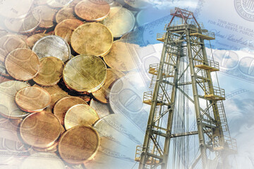 Drilling rig for mining amid money . The concept of price changes on the oil market .