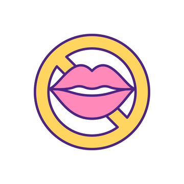 No kisses stop sign RGB color icon. Kissing is not allowed. Lips crossed prohibition symbol. Female mouth silhouette kissing restriction isolated vector illustration