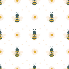 Lovely bees. Seamless pattern with insects and flowers for fabrics, textiles, wrapping paper, interior design. Actual colors. 