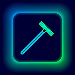 Glowing neon line Garden rake icon isolated on black background. Tool for horticulture, agriculture, farming. Ground cultivator. Housekeeping equipment. Colorful outline concept. Vector