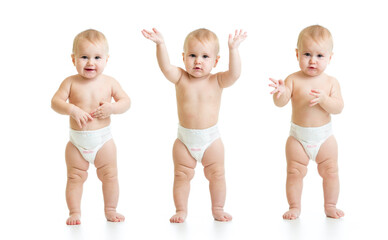 Three poses of standing baby isolated on white background. Emotional toddler weared diaper - obrazy, fototapety, plakaty