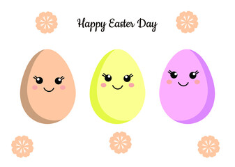 Easter. Painted chicken eggs with emotions in pastel colors. Cute illustrations for holiday cards, kitchen textiles, social media posts. Vector graphics.