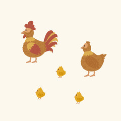 Farm animals chicken family. Vector illustration of cartoon-style livestock. Children's picture with poultry. Vector illustration