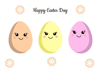 Easter. Painted chicken eggs with emotions in pastel colors. Cute illustrations for holiday cards, kitchen textiles, social media posts. 