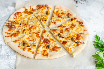 pizza seafood cream sauce mussels, shrimps, squid, sea reptiles healthy meal top view copy space food background rustic