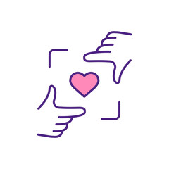 Obraz premium Choose future partner in dating app RGB color icon. Find soulmate, love online. Magnify like button. Nice first impression. Desire to talk and build relationship isolated vector illustration