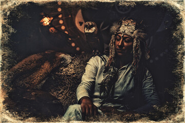 beautiful shamanic woman with owl in the interiors.