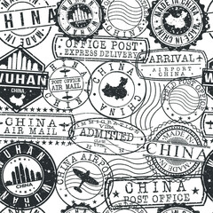 Wuhan China Stamps Background. City Stamp Vector Art. Postal Passport Travel. Design Set Pattern.
