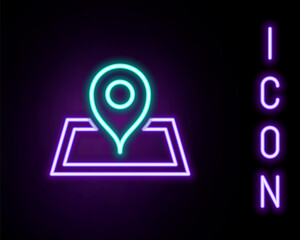 Fototapeta premium Glowing neon line Placeholder on map paper in perspective icon isolated on black background. Colorful outline concept. Vector