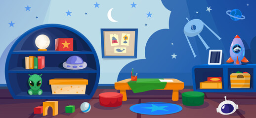 Kindergarten playroom with games, toys, in cosmos style. Elementary school class with table for studying children or kids. Wallpaper with star and spaceship illustration.