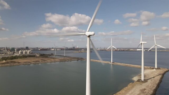 Aerial footage of wind turbines. Flying around the nacelle