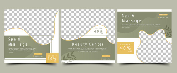 Spa, beauty, and massage social media post. Minimalist modern banner with green and white background. Suitable for social media post, flyer, and website. Vector design with place for the photo.