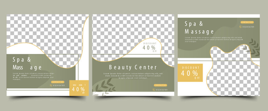 Spa, beauty, and massage social media post. Minimalist modern banner with green and white background. Suitable for social media post, flyer, and website. Vector design with place for the photo.