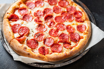 pizza cheese, sausage, tomato sauce meal top view copy space food background rustic