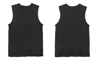 Blank muscle tank top color black front and back view on white background
