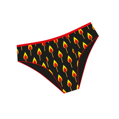 Women's black panties with a pattern of burning matches. Underwear isolated on a white background. Flat colorful vector illustration. A design element that is perfect for a store, postcard, prints.