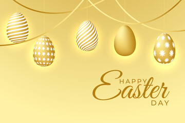 Happy easter banner vector illustration. 3d gold egg with drawing ornament.