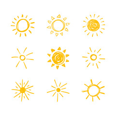 Vector hand drawn doodle suns, bright yellow sun isolated on white background, scribble lines.