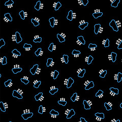 Line Cloud with snow icon isolated seamless pattern on black background. Cloud with snowflakes. Single weather icon. Snowing sign. Vector
