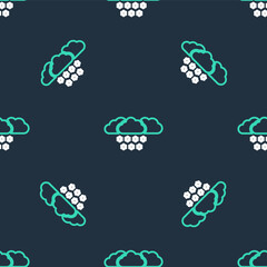 Line Cloud with snow icon isolated seamless pattern on black background. Cloud with snowflakes. Single weather icon. Snowing sign. Vector