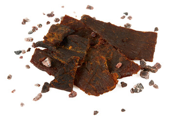 Beef jerky with rock himalayan salt isolated on white background. Dried meat.
