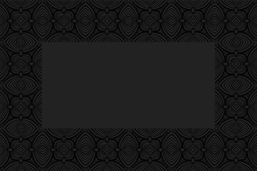 3D convex volumetric pattern. Ethnic geometric embossed black background. A complex exotic composition in the style of Indian doodling with arched lines. Frame for design, advertising.