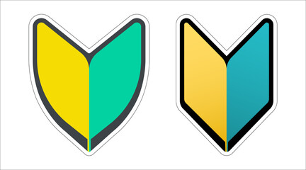 Japanese beginner drivers vector sign. A green and yellow V shaped symbol called a Shoshinsha Wakaba mark.