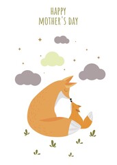 Happy Mother's Day. Cute postcard for the holiday. Gift for mom. I love you. Postcard, banner, print, design for typography. Cute vector illustration. Cartoon foxes. Predators. Mom fox and baby.