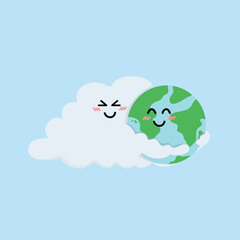 Cartoon world hug clouds with happy emotions.