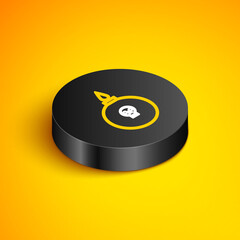 Isometric line Bomb ready to explode icon isolated on yellow background. Black circle button. Vector