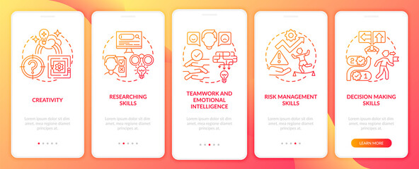 Problem-solving skills red onboarding mobile app page screen with concepts. Decision making walkthrough 5 steps graphic instructions. UI, UX, GUI vector template with linear color illustrations