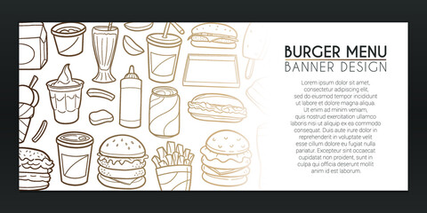 Burger Banner Doodle. Hamburger Menu Background Hand drawn. Food Icons illustration. Vector Horizontal Design.