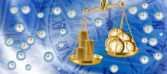 image of a scale with money on one bowl and a clock on the other. Conceptual image illustrating the saying "TIME is MONEY"