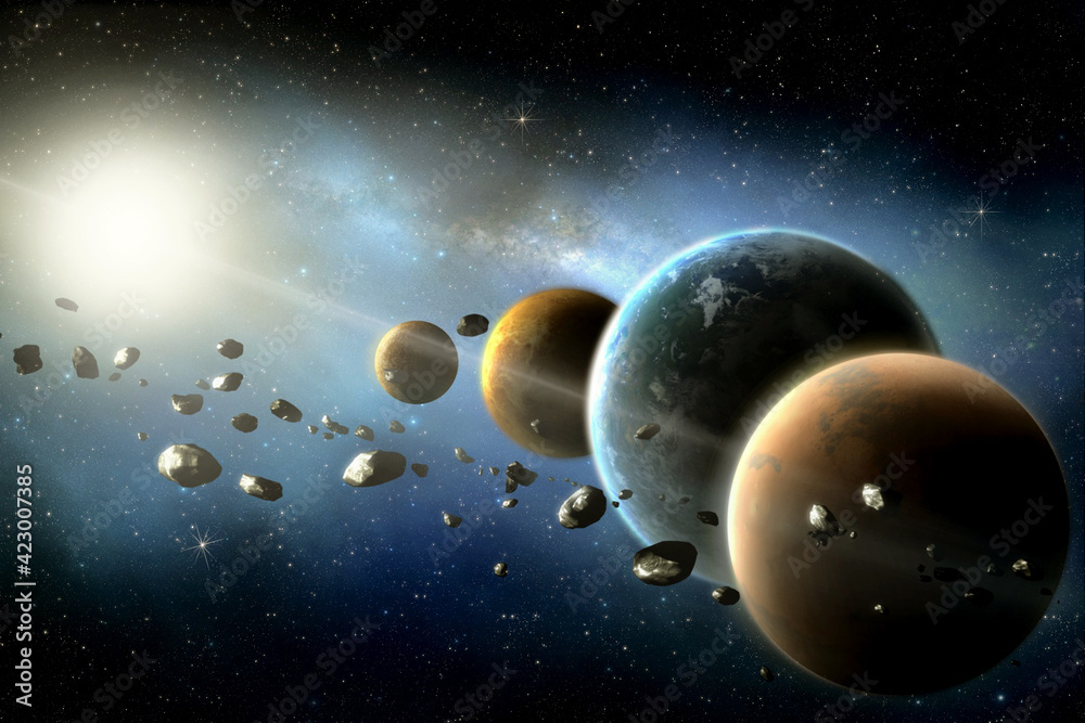 Wall mural planets round the sun in the solar system with asteroids in the colorful starry universe elements of