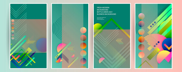 Set geometric color Bottle Green 2021 fluid shapes eps 10. Flowing and liquid abstract gradient background for banner, poster or book. Vector design