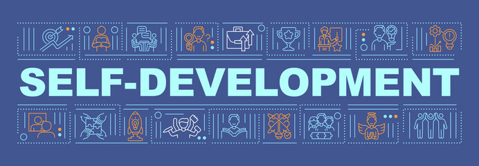 Self-development word concepts banner. Personal goals and abilities improvement. Infographics with linear icons on blue background. Isolated typography. Vector outline RGB color illustration